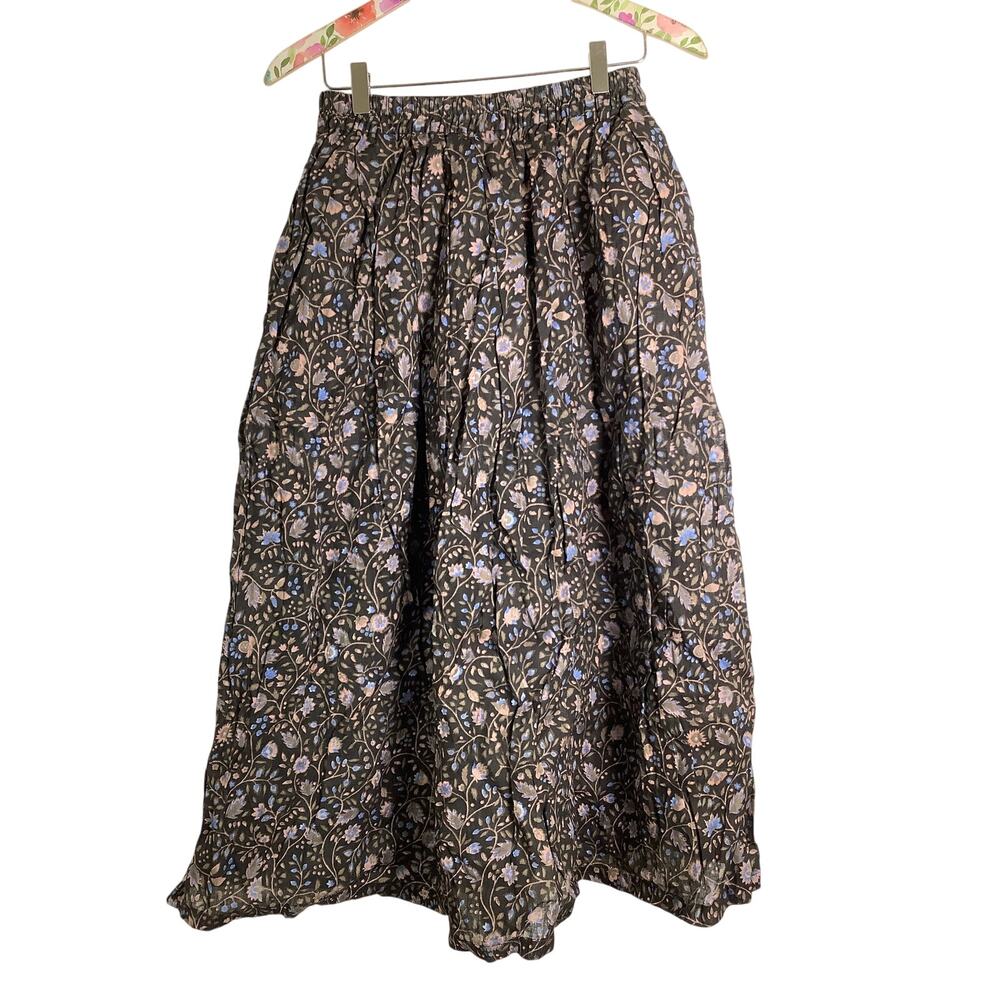 ICHI Antiquités Women's Small Brown Floral Linen Maxi Skirt Cottagecore V5-16